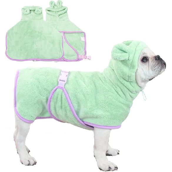 Pet Bathrobe for Dog Cat Absorbently Quick Drying Coat Cute Dogs Bath Towel Hooded Robe Adjustable Collar & Belly Strap for Pool Beach (Green,