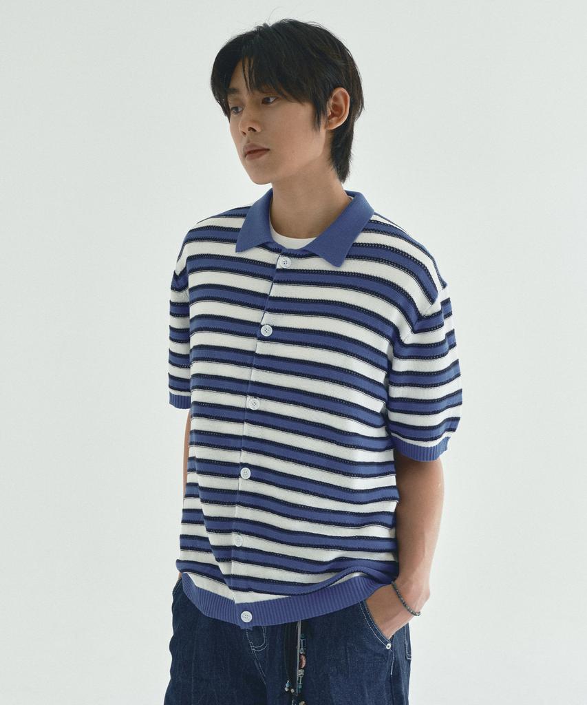 Ecorr Striped Collared Short Sleeve Cardigan_Blue