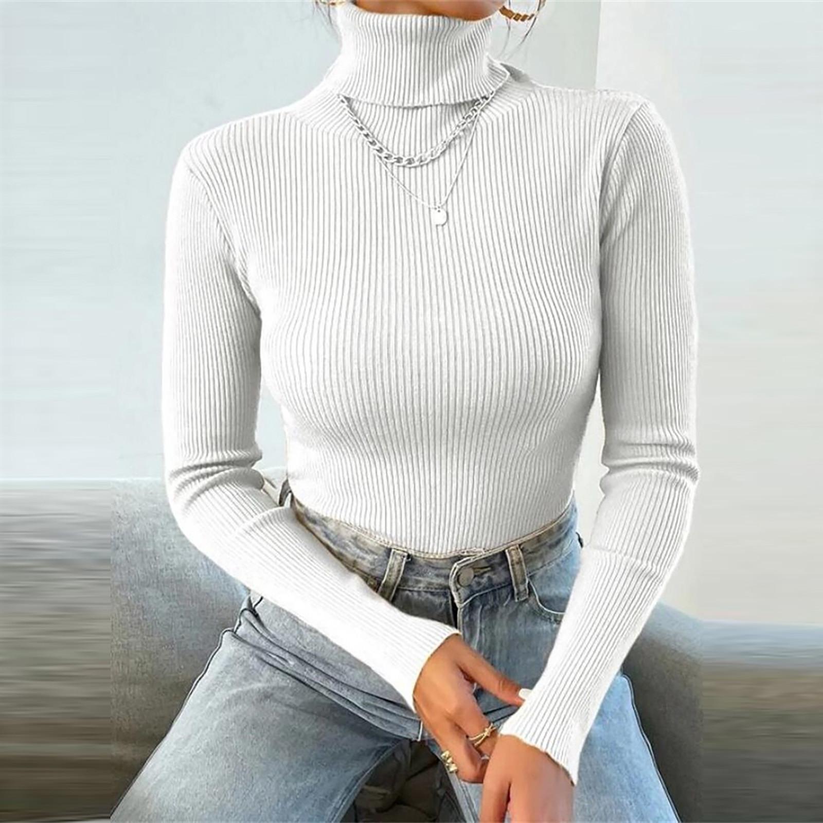 

Модная женская трикотажная нижняя рубашка, однотонный свитер с длинным рукавом и водолазкой, пуловер, топ One Size белый