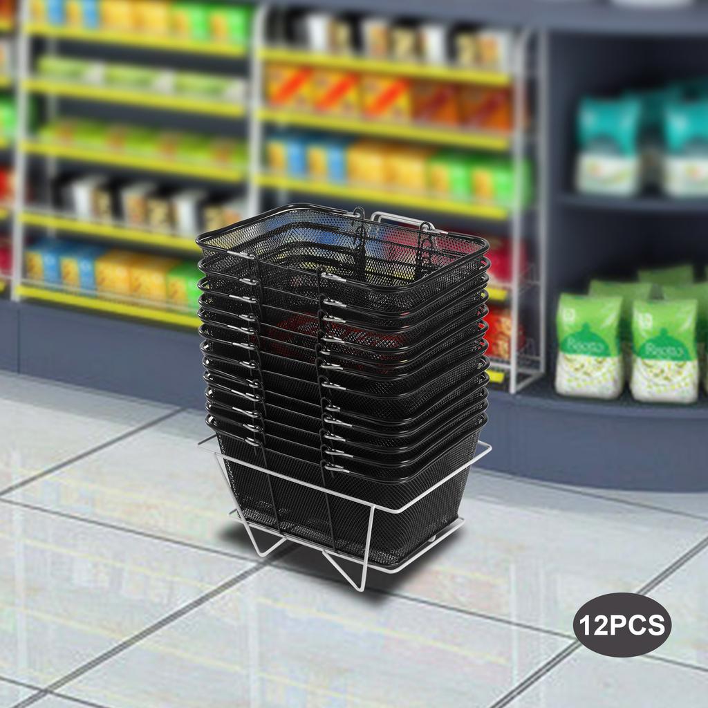12PCS Black Metal Shopping Baskets with Handles, Mesh Storage Baskets, Portable Retail Store Baskets, Commercial Shopping Cart