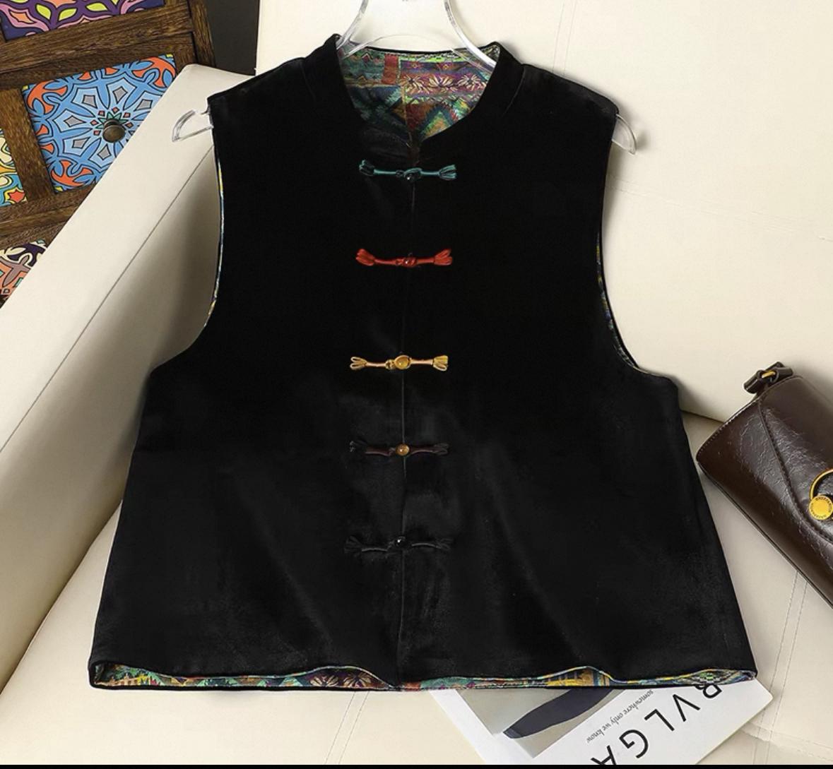 2026 Spring Reversible Frog Button Velvet Vest - New Chinese Style for Women XL 45-55kg