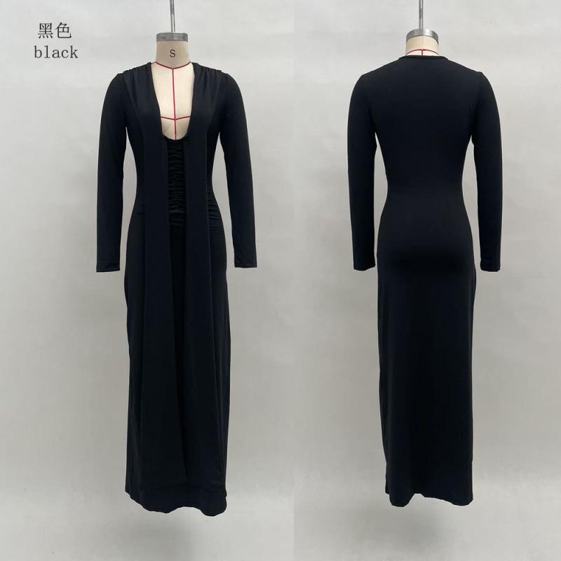 Europe, America, Autumn New Products, Sexy Deep V Streamer Long-sleeved Solid Color Slim-fitting Fashion Dress