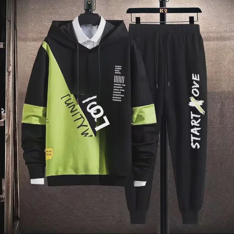 Men's Trendy Korean-Style Fall Sports Set: Hooded Sweatshirt & Loose Trousers