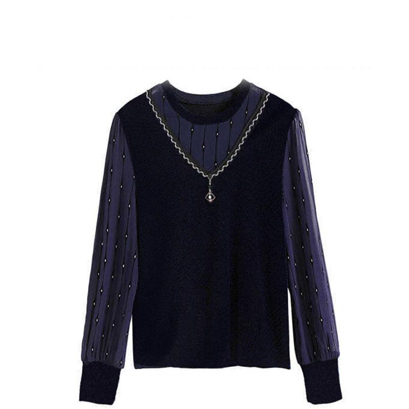 Ny høst-vårstil chiffonskjorte Elegant bluse med rund krage for kvinner Langermet topp genser