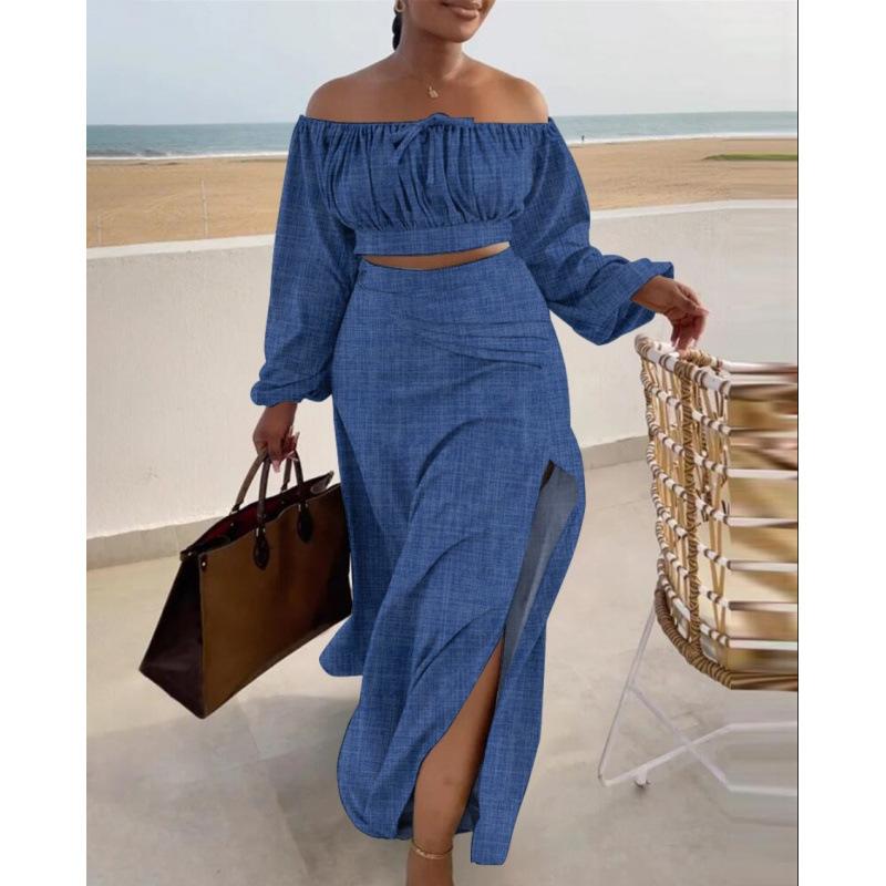 Amazon 2026 Spring/Summer New Independent Station Sexy Dress Off-Shoulder Top Slit Dress Set S