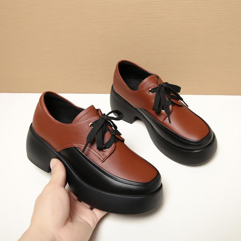 fashion 2024 Elegant Versatile Lace Up Comfortable Soft Leather Thick-Soled Woman New Retro Thick Sole High Heel Casual Single Shoes