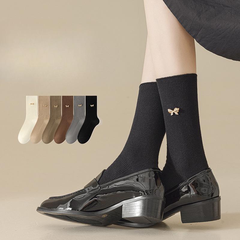 Female Autumn Fashion New Pin Bow Sweat Absorbing Anti Bacterial Tube Cotton Socks