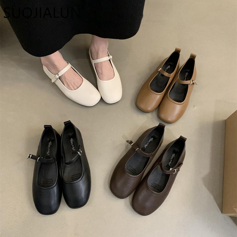 Fashion SUOJIALUN Autumn Women Flat Shoes Fashion Round Toe Shallow Slip On Mary Jane Shoes Flat Heel Ladies Elegant Outdoor Ballerinas