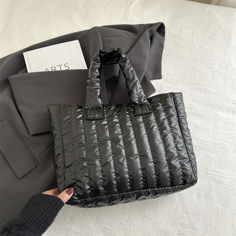 

Ladies Tote Bags Large Capacity Cotton Padded Bag Simplicity Solid Color Casual Fashion Nylon Elegant for Handbag чёрный