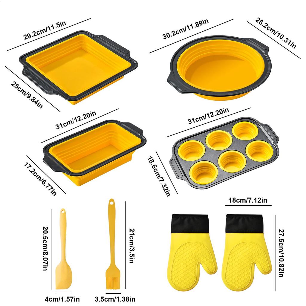 Silicone Bakeware Sets For Oven Flexible Stackable Mold With Mitts Scraper And Brush Silicone Baking Pans Set Dishwasher Safe