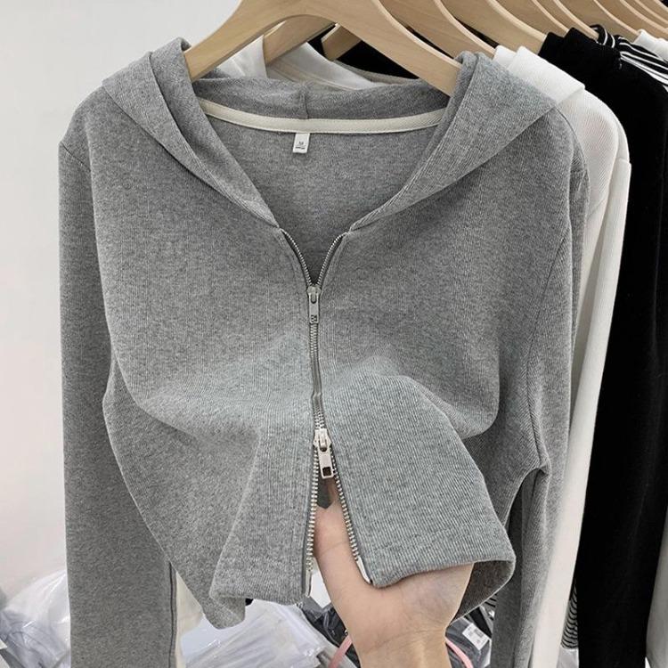 

Women Autumn Winter Slim Hooded Cardigan Jacket Short Design Double Zipper 3XL білий