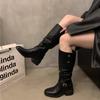Shoes for Women Autumn Fahsion Buckle Knee High Boots Retro Tall Boots Woman Pleated Low Heel Casual Leather Female Long Boots