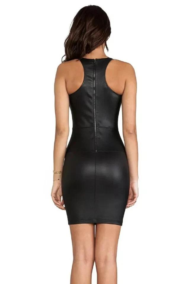 New Lambskin Stylish Slim Fit Trendy Women's Sleeveless Black Leather Dress Real