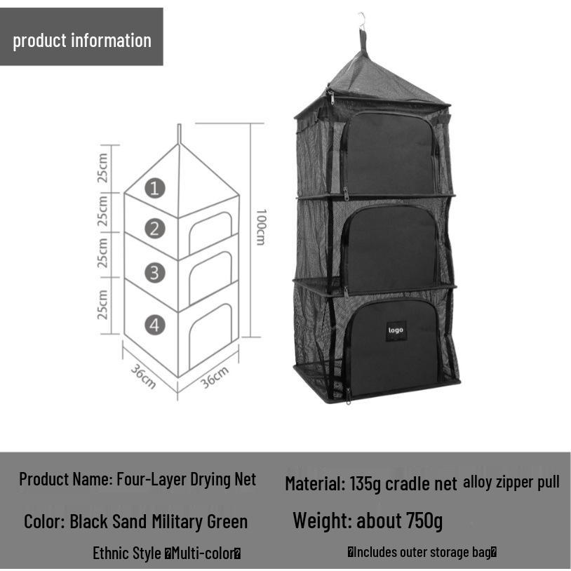 Four-Layer Outdoor Folding Drying Rack for Cutlery, Fruit, and Vegetables with Mosquito-Proof Hanging Net