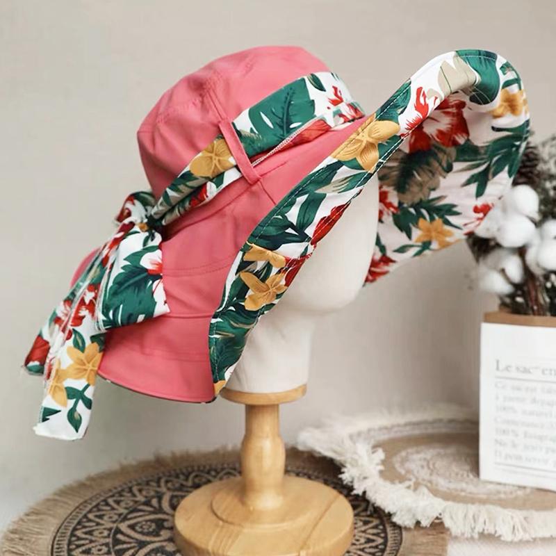 Women's Extra Wide Brim Beach Sun Hat, Summer Fashion Printed Ribbon Sun Cap, UV Protection Foldable Breathable hat