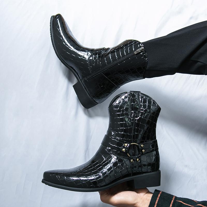 Trendy Snake Patterned Chelsea Boots for Men Genuine Leather Pointed Toe Zipper Short Boots Fashion Party Business Dress Shoes