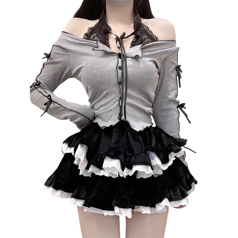 EDREES Top and Mini Long Holder Gothic Korean Princess Street Gal Fall Photo Women's 2-Piece Set, Skirt, Mass-Produced Style, Sleeves, Above-the-Knee,