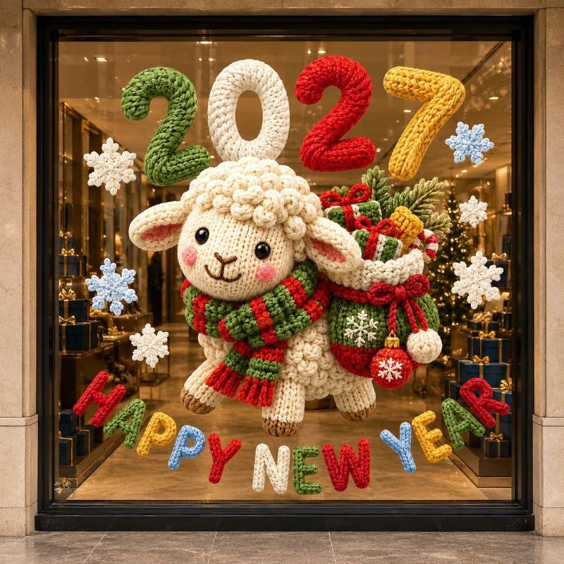 2027 New Year Window Stickers Cute Crochet Sheep Pattern Removable Self Adhesive For Home Shop Holiday Window Decoration