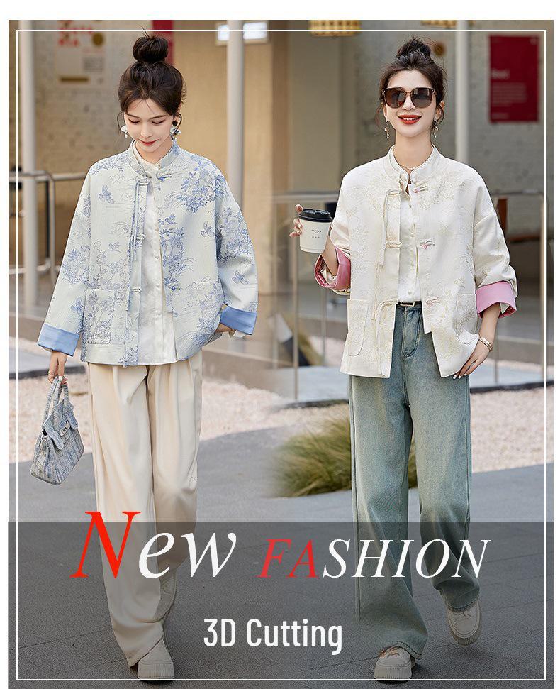Jachetă elegantă de damă în stil chinezesc: Design High-End, Jacquard Brodat Retro, Guler Înalt cu Nasturi pentru Primăvară și Toamnă