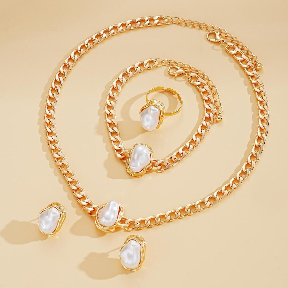 Special-shaped Imitation Pearl Jewelry Set for Women Girls Retro Luxury Temperament Necklace Bracelet Stud Earrings Ring