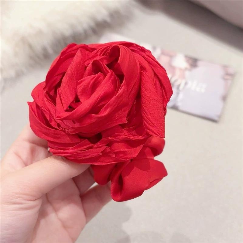 

High-end Large Rose Flower Hair Decoration Elastic Band Luxury Fabric Hair Scrunchies