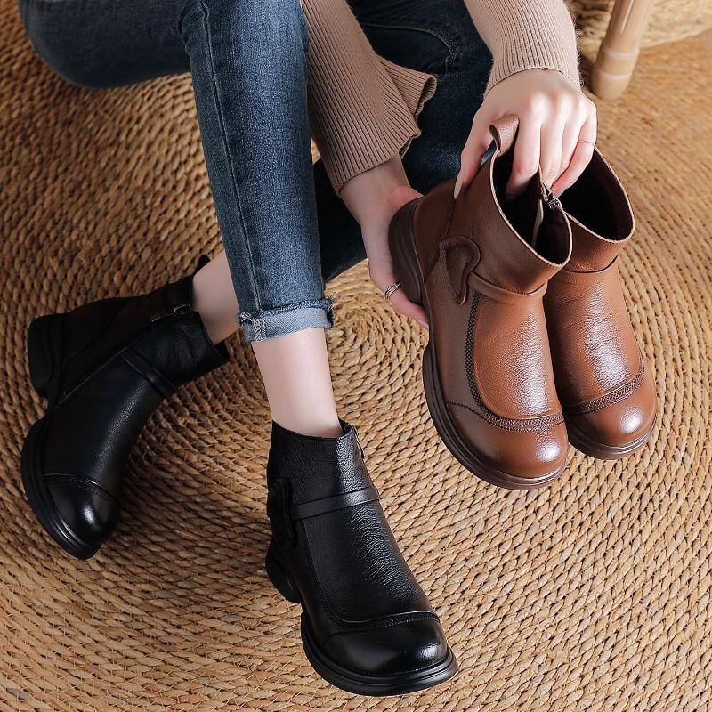 Autumn and winter new first-layer cowhide thick-heeled retro Martin boots medium and old boots women's velvet short boots genuine leather single boots