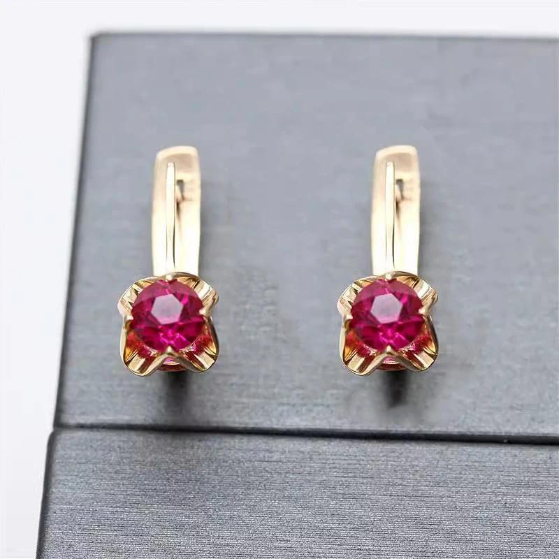 Classic Trend Red Gem Earrings for Women Long-style Copper Plated Rose Gold Vintage Fine Earings Zircon Copper Plated Rose Gold
