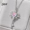 Silver Tone Magic Key Chain Pendant Necklace, Pink Cubic Zirconia Heart Trendy Girly Style Necklace Rhinestone Sweet Fairy Jewelry for Women