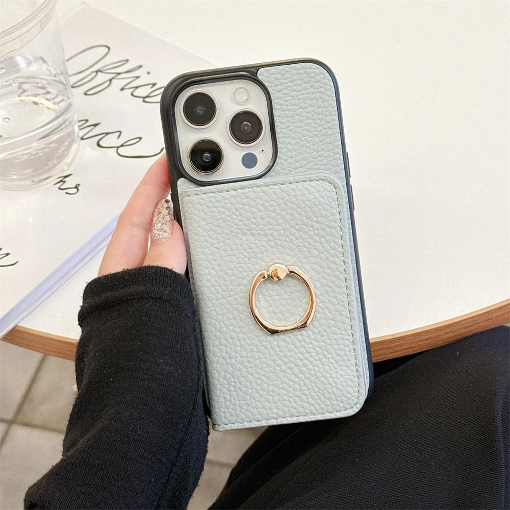 Leather Ring with Card Holder Phone Case for IPhone 15 14 11 Pro Max 13 12 Mini XR XS X Max 8 7 Plus PU Shockproof Shell Cover
