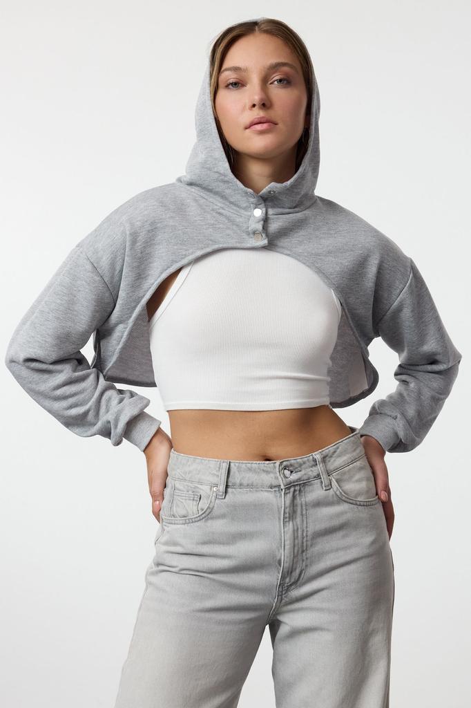 Women's Fashion Stylish Sweatshirt Gray Melange Knitted Sweatshirt