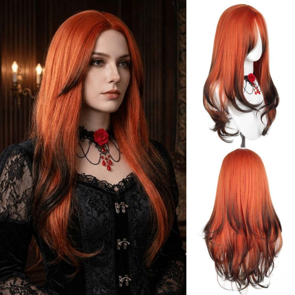 Harajuku Orange Gradient Black Wavy Wig Synthetic Women Layered Hairpiece  Role-playing