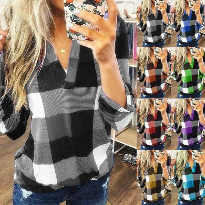 Stylish S-5xl Women's Long Sleeve Plaid T-shirt Blouse With V-neck Design