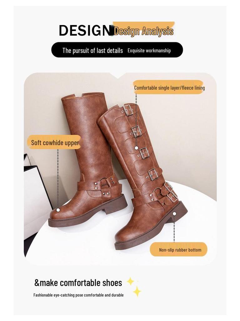 Women's Vintage Brown Genuine Leather Over-the-Knee Knight & Cowboy Boots