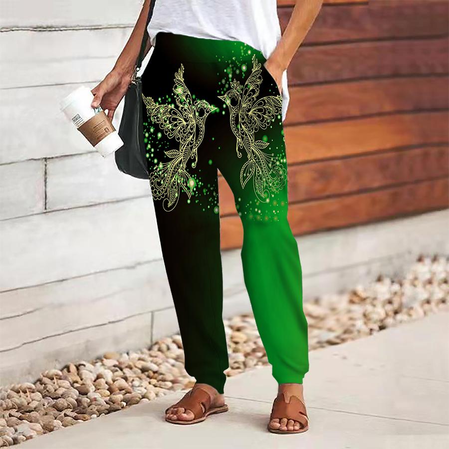 Women Retro Printing Pants Lace Up Elastic Waist Loose  Trousers Casual Long Pants Trousers with Pockets