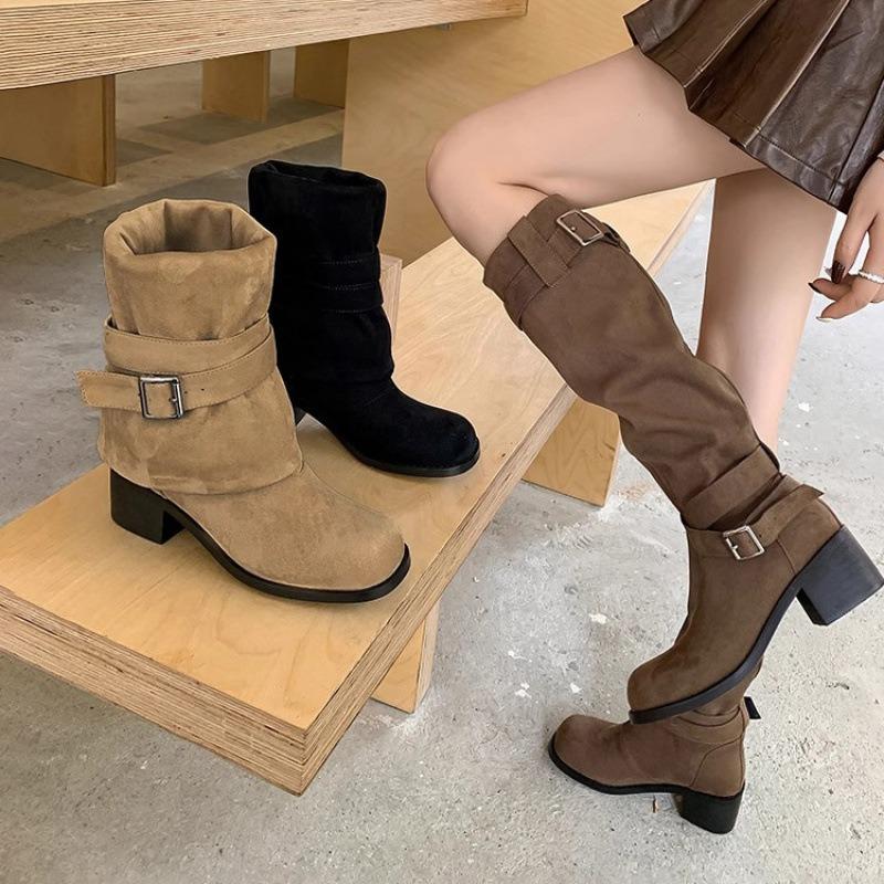 Cowhide Retro Pleated Thick Heel Piled Boots New Autumn and Winter Boots Khaki Suede Knee Boots