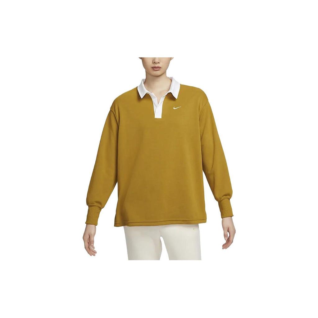 Nike Sportswear Essential Color Block Polo Casual Loose Long Sleeve T-Shirt Women Tops Bronze FB8721-716