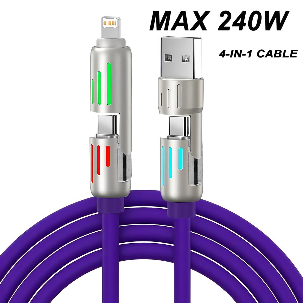 4-in-1 240W USB Typ C Silikon Schnellladekabel, Für iPhone Huawei Samsung Xiaomi Langlebiges Typ-C zu USB A Kabel