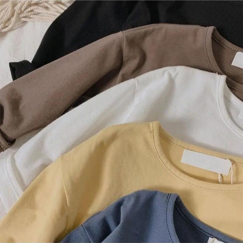 Children Solid Long Sleeves Bottoming Shirt For Boy Girl Kid Loose T-shirt Retro Baby Cotton Tops Toddler Casual Tees Autumn