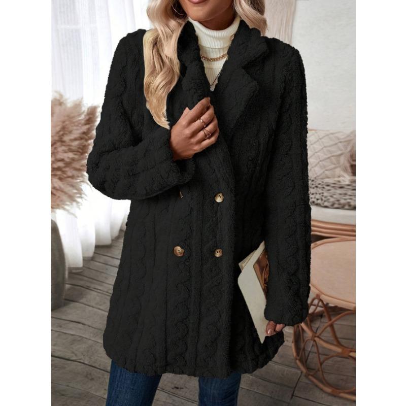 Women Solid Cable Knit Double Fleece Long Casual Button Cardigan Coat