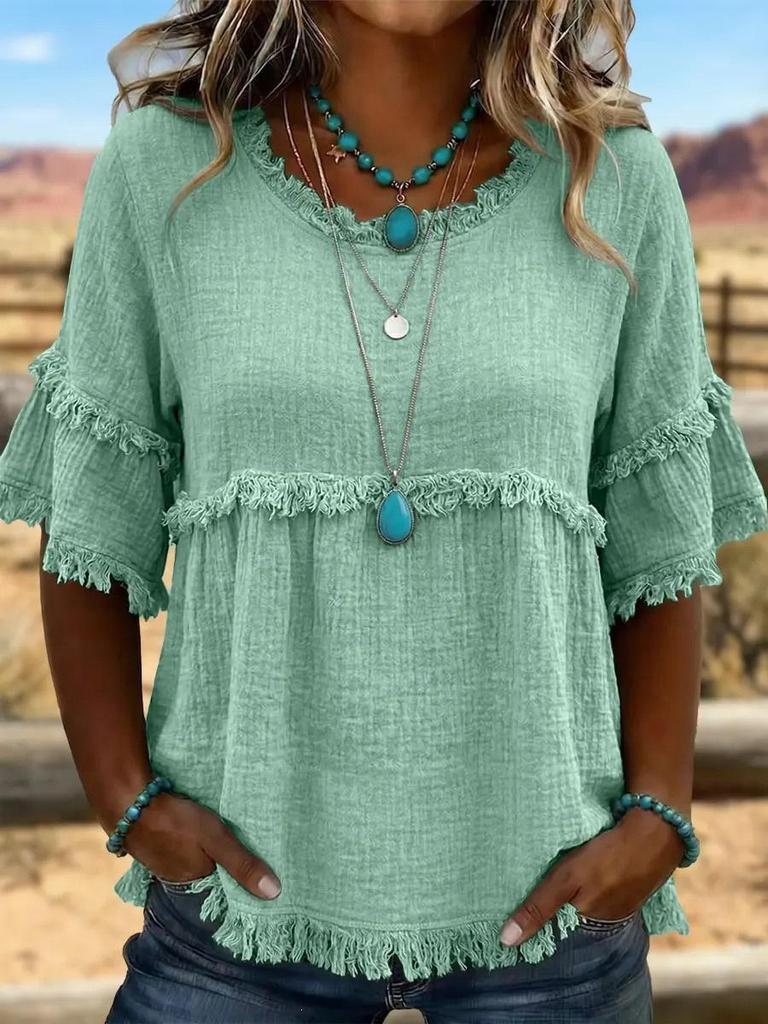 2026 European & American Loose Fit Women's Casual Short Sleeve Round Neck Pullover Top