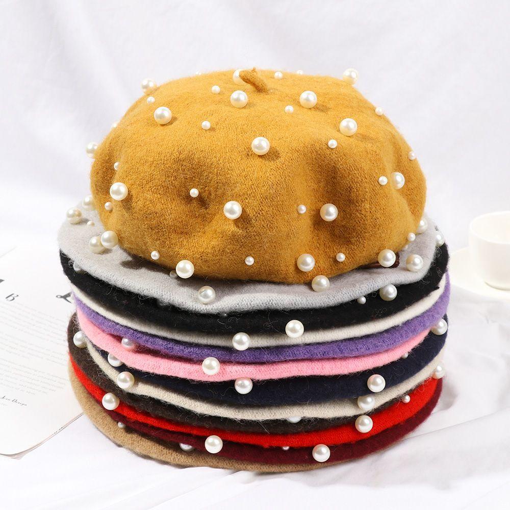 Women Girl Vintage Elegant Pearl French Artist Cap Warm Wool Painter Hat Beret Hat