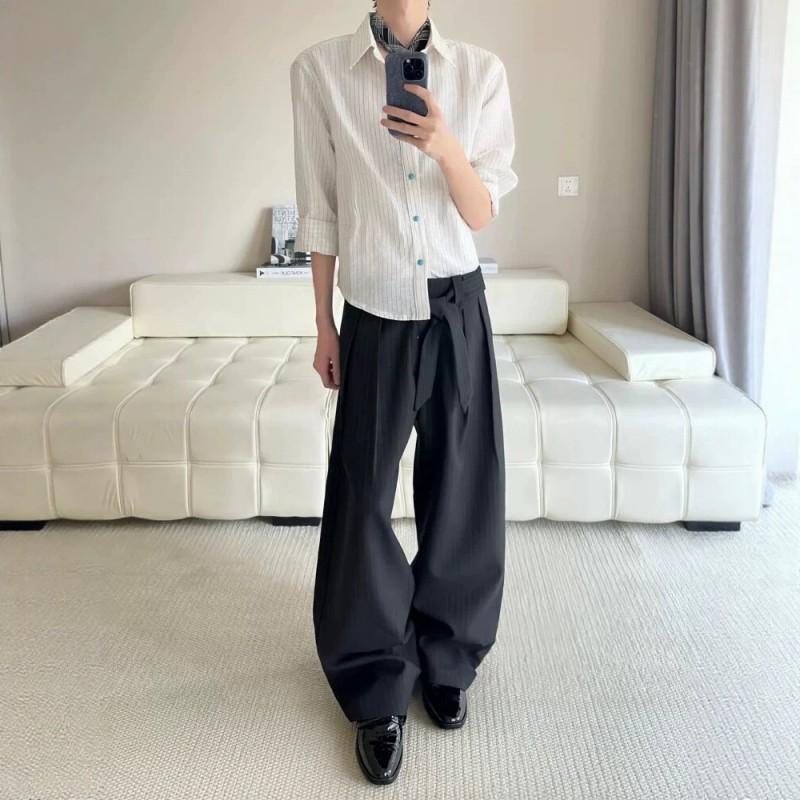 American Striped TR Blend Straight Leg Detachable Belt Pants Baggy Drapey Casual Trousers