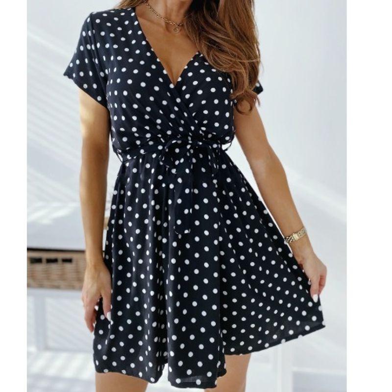

Fashion Style Summer New Arrival Sexy Sexy V-Collar Polka Dot Dotted Prints Waist Trimming Short-Sleeved Dress Short Skirt Dress Black XL