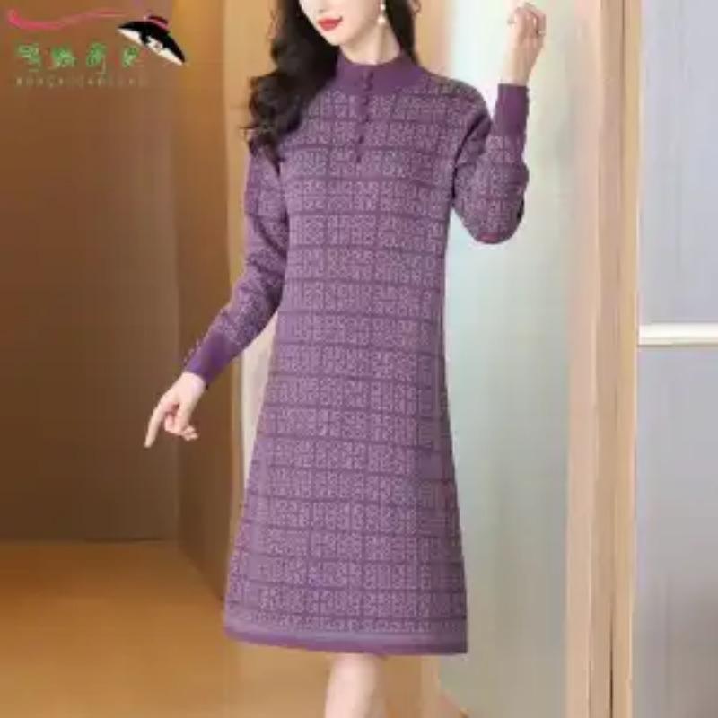 Women Turtleneck Thick Knitted Long Sleeve Midi Dress Casual Loose Plus Size Winter Sweater Dress
