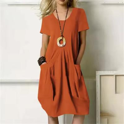 Solid Casual Dress Women Oversized O-Neck Short Sleeve Dresses with Pocket Daily Street Wear Plus Size Fashion Lady Summer Dress