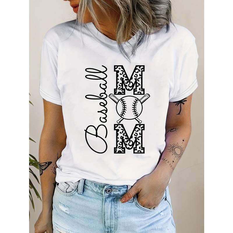 

Women s Baseball Mom Graphic T-Shirt - Casual Short Sleeve Round Neck Top with Geometric Print, Breathable Fabric, Machine Washable, Regular Fit 4XL білий