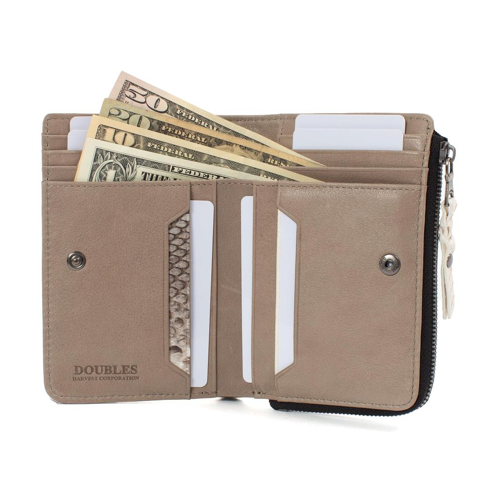 Doubles Bifold Wallet with Deep Bill Matte Python Leather and Italian Cowhide Leather KSK-7052 Compartment, L-Shaped Zipper, (Black)