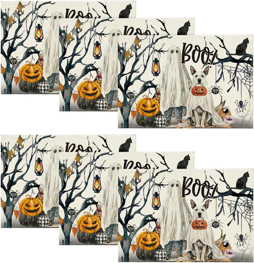 Ghost Pumpkins Tree Dog Boo Halloween Placemats Set of 6, 12x18 Inch Seasonal Fall Holiday Table Mats for Party Kitchen Dining Decoration