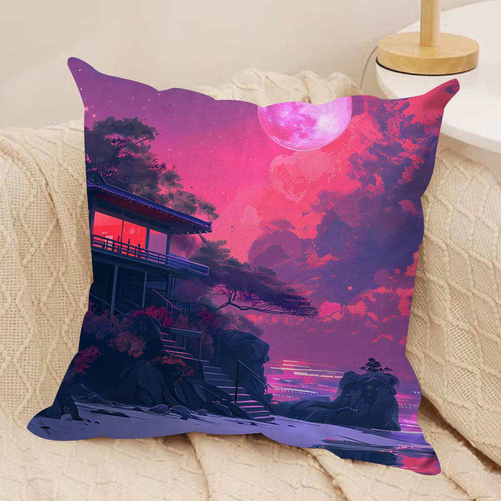 Anime Scenery Design Cushion Cover Silky Short Plush Invisible Zipper Dustproof Sofa Pillow Case for Home Decor