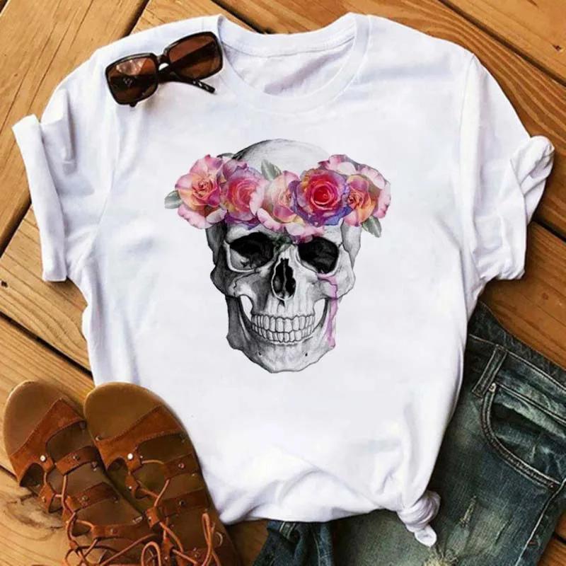 Fashion Leopard Skull Printed Women T-shirt Summer Loose Black Female T-shirt Casual Round Neck Harajuku Tops Woman Clothes